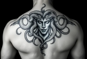 A Beautiful Medusa chest peice with her snake hair reaching my arms and shoulder. Black and white, realistic tattoo idea