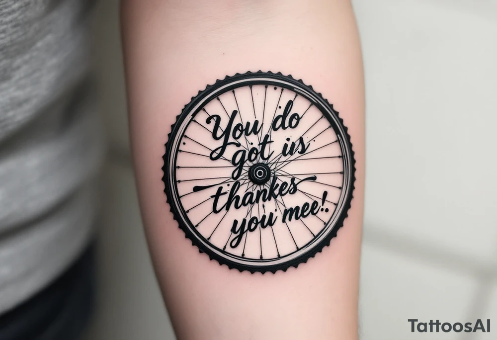 A motivational quote wrapped around a bike wheel, in elegant cursive script with subtle navy blue accents. tattoo idea