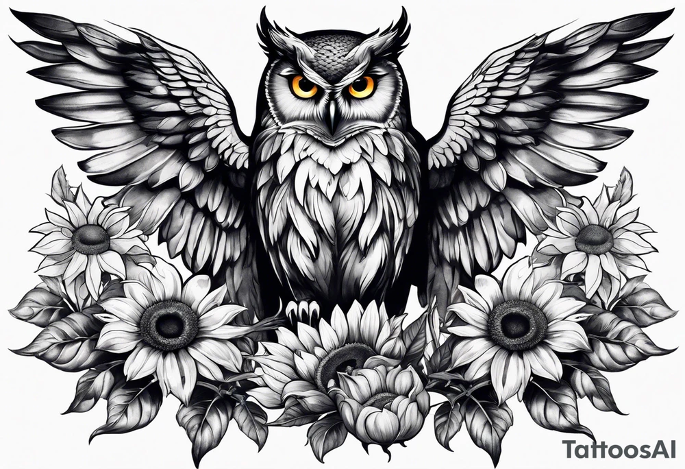Owl with angel wings surrounded by sunflowers and butterflies sleeve tattoo idea