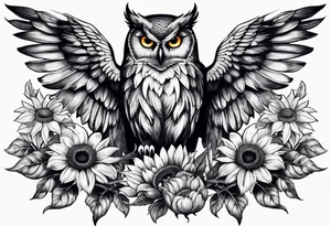 Owl with angel wings surrounded by sunflowers and butterflies sleeve tattoo idea