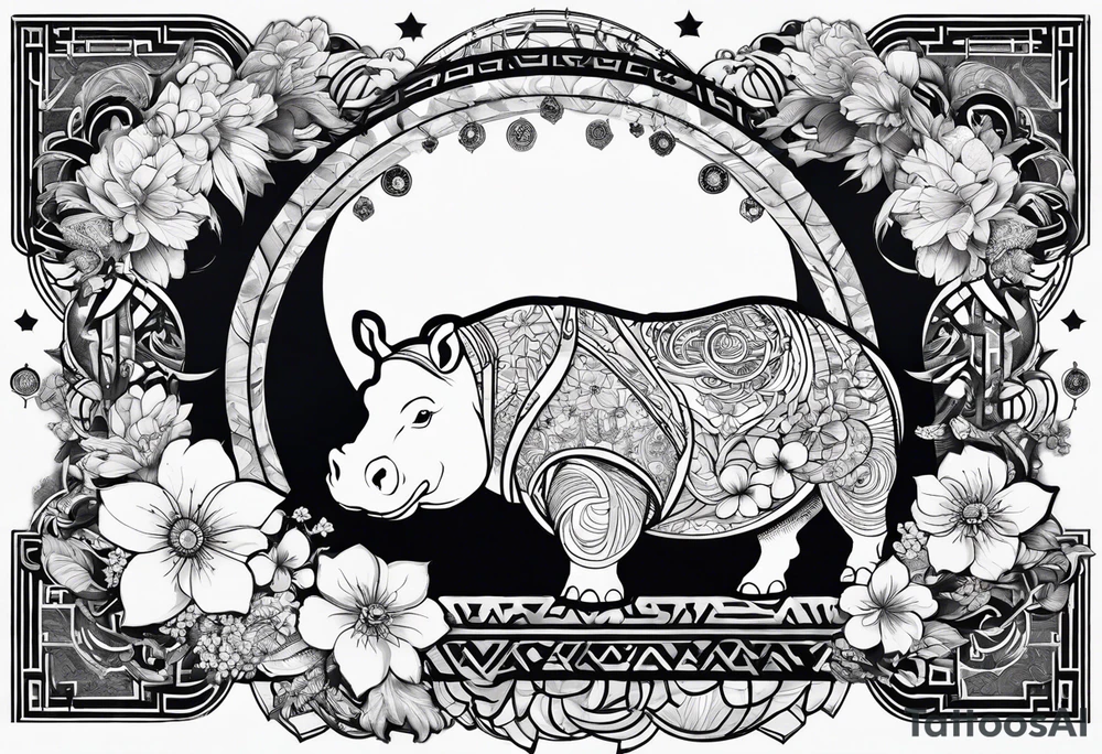 Hippo, flowers, moon, interstella,
Extreme fine lines, tribal, geometric, japanese tattoo idea