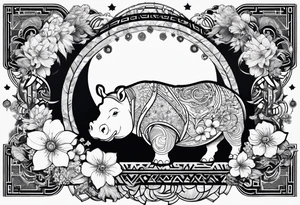 Hippo, flowers, moon, interstella, 
Extreme fine lines, tribal, geometric, japanese tattoo idea