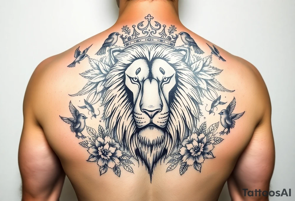 powerful majestic lion with a crown, surrounded by floral ornaments and birds tattoo idea