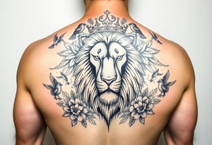 powerful majestic lion with a crown, surrounded by floral ornaments and birds tattoo idea