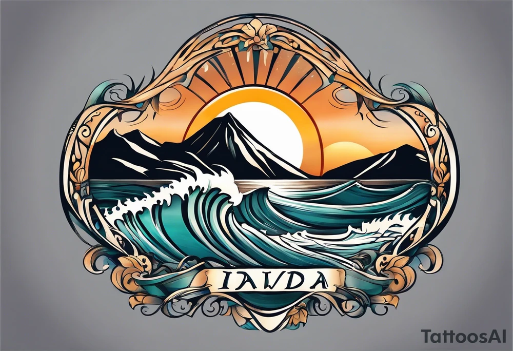 The letters "Pura Vida" forming the gentle curves of ocean waves, with the "i" in "Vida" extending into a mountain peak. The sun could be subtly incorporated above the letters. It creates a harmonious blend of nature and the phrase. tattoo idea