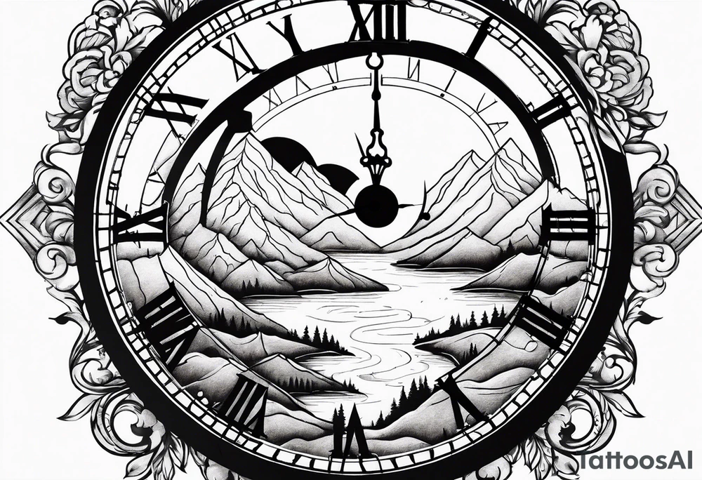 clock with landscape tattoo idea
