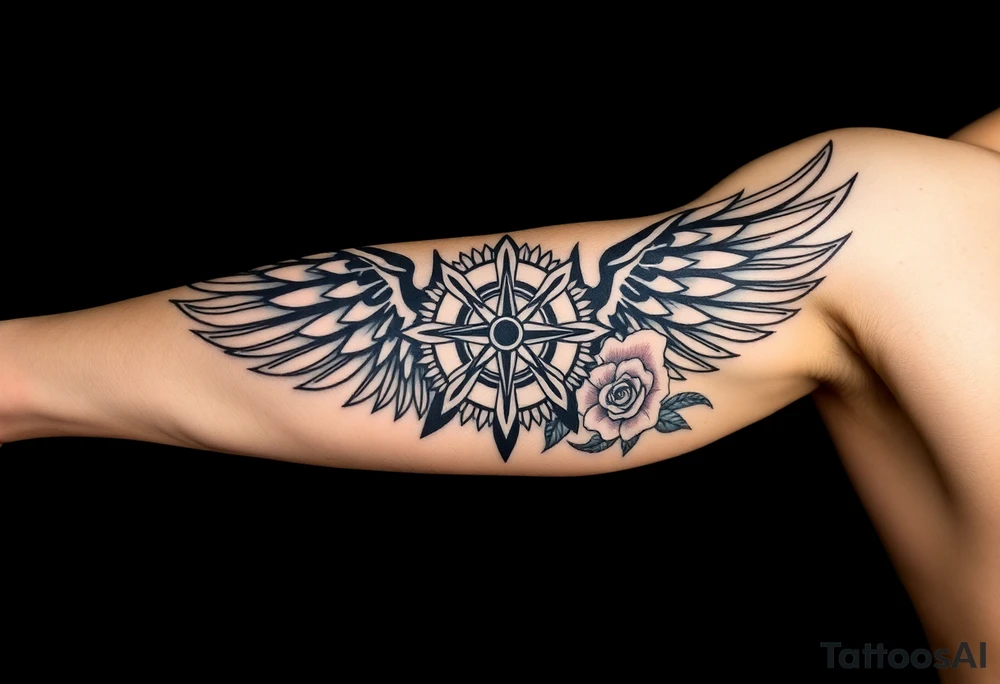 Wing with compass  a clock  with roses tattoo idea