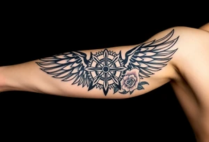 Wing with compass  a clock  with roses tattoo idea