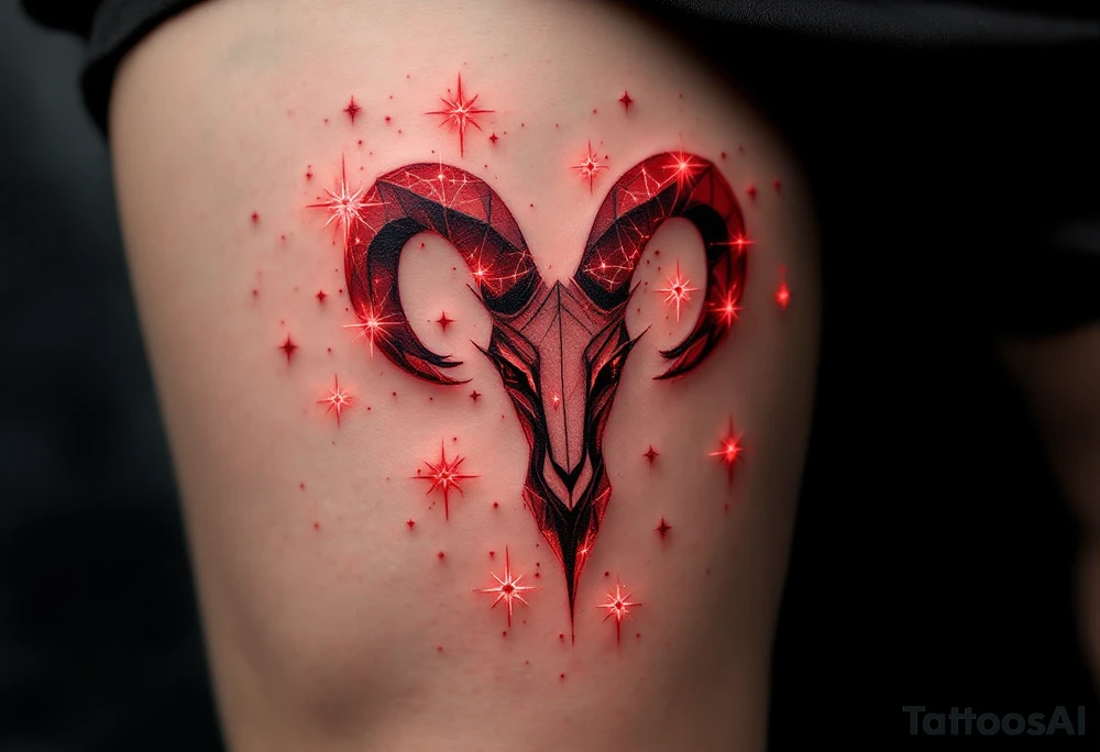 A stylized Aries star constellation is inked in electric red with small fire-like sparks around each star with Aries zodiac sign. tattoo idea