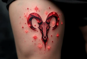 A stylized Aries star constellation is inked in electric red with small fire-like sparks around each star with Aries zodiac sign. tattoo idea