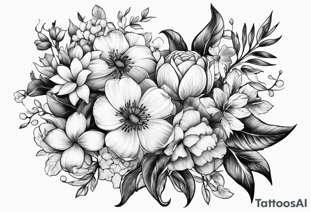 Galhos, folhas, flores e borboletas tattoo idea