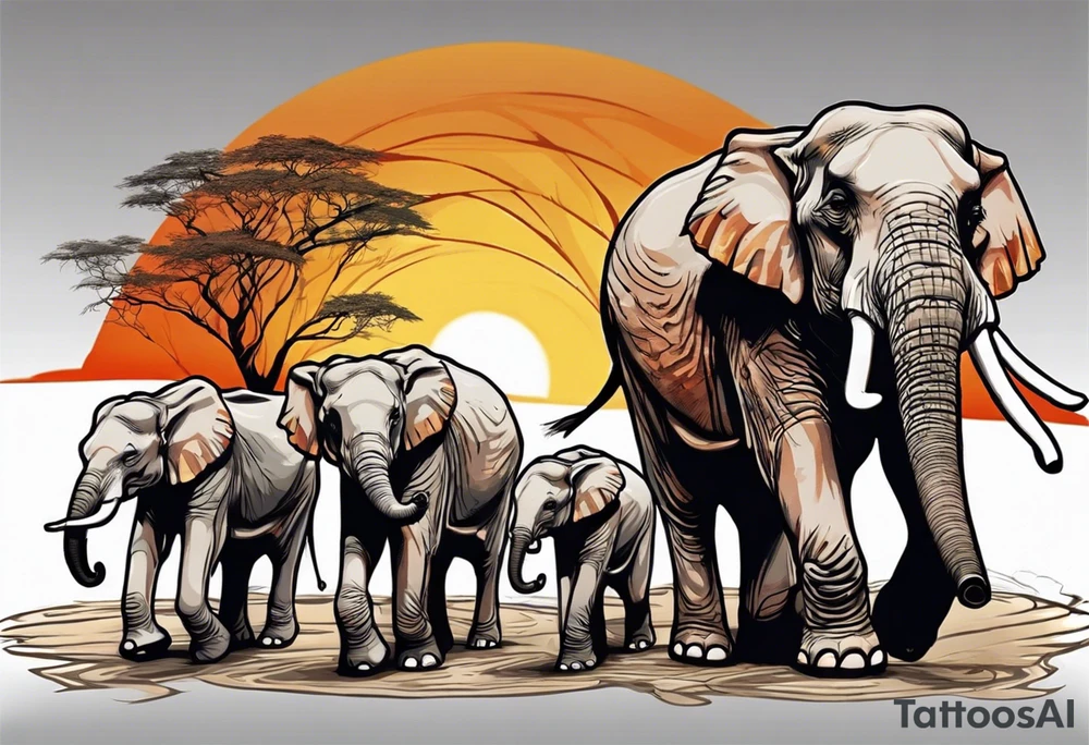 family of 6 elephants walking into sunset after one of them has died tattoo idea