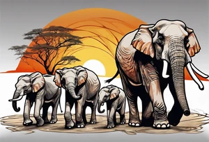 family of 6 elephants walking into sunset after one of them has died tattoo idea