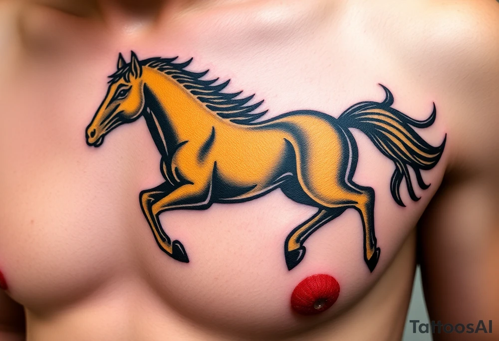 The tattoo represents a supernatural encounter with a golden horse with jet-black fur in the mountains of Choquequirao (Cusco, Peru). This mysterious, fleeting horse symbolizes strength, energy, and spiritual rebirth. It appeared at full speed, its hooves shaking the ground, its breath so powerful it drowned out all other sounds. The narrator felt no fear, only awe as the horse took a perfect curve, muscles tense, radiating power and grace. Its presence transformed the narrator, giving them the energy to complete an exhausting trek and leaving them with a profound connection to something greater. The tattoo aims to capture the essence of this moment: strength, speed, beauty, and the spirit of the mountain. tattoo idea