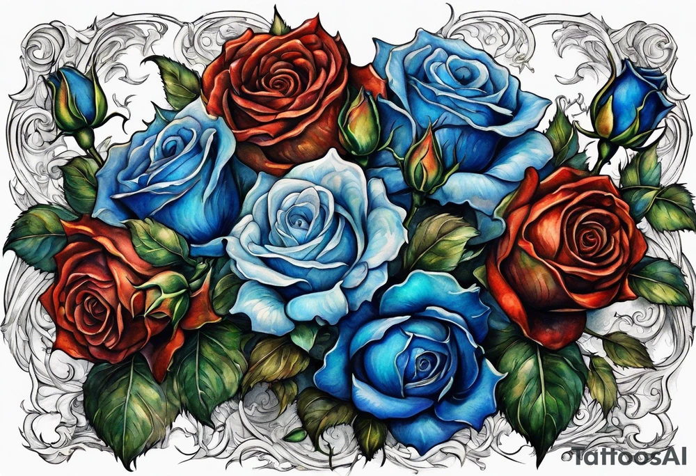 bouque of blue roses and dragons tattoo idea