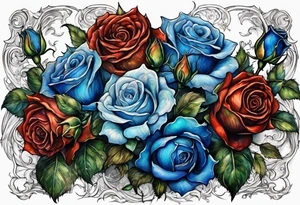 bouque of blue roses and dragons tattoo idea