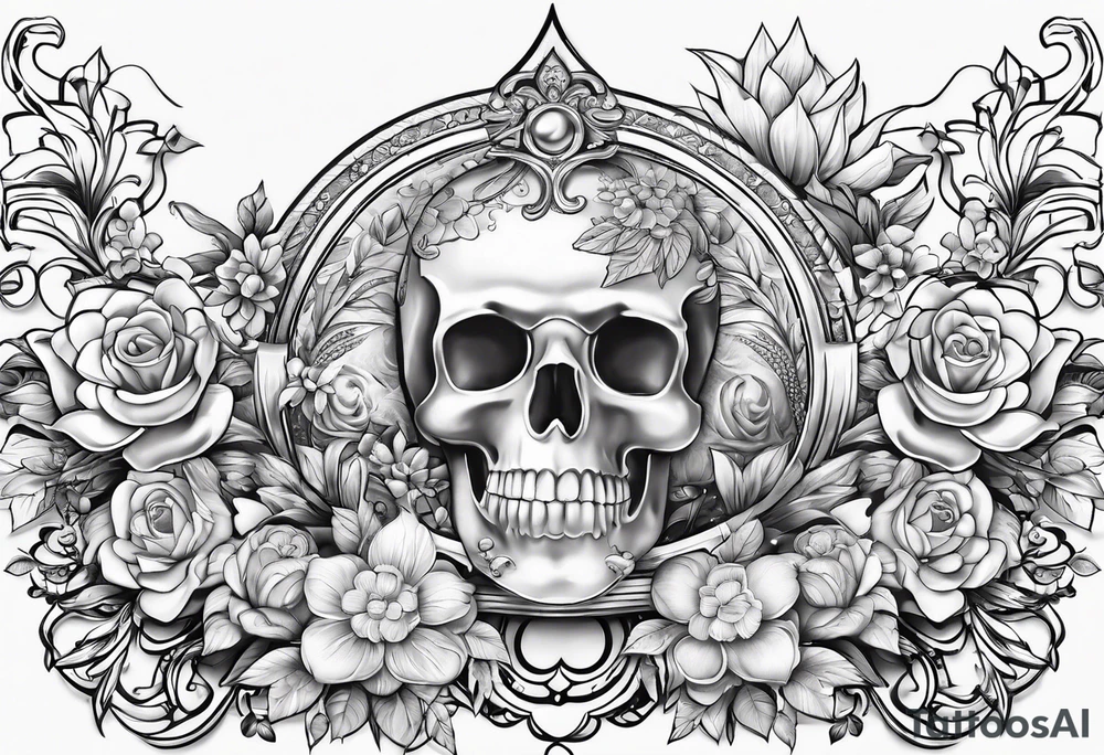 decorative horizontal piece with jewelry and flowers tattoo idea