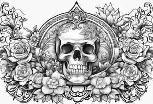 decorative horizontal piece with jewelry and flowers tattoo idea