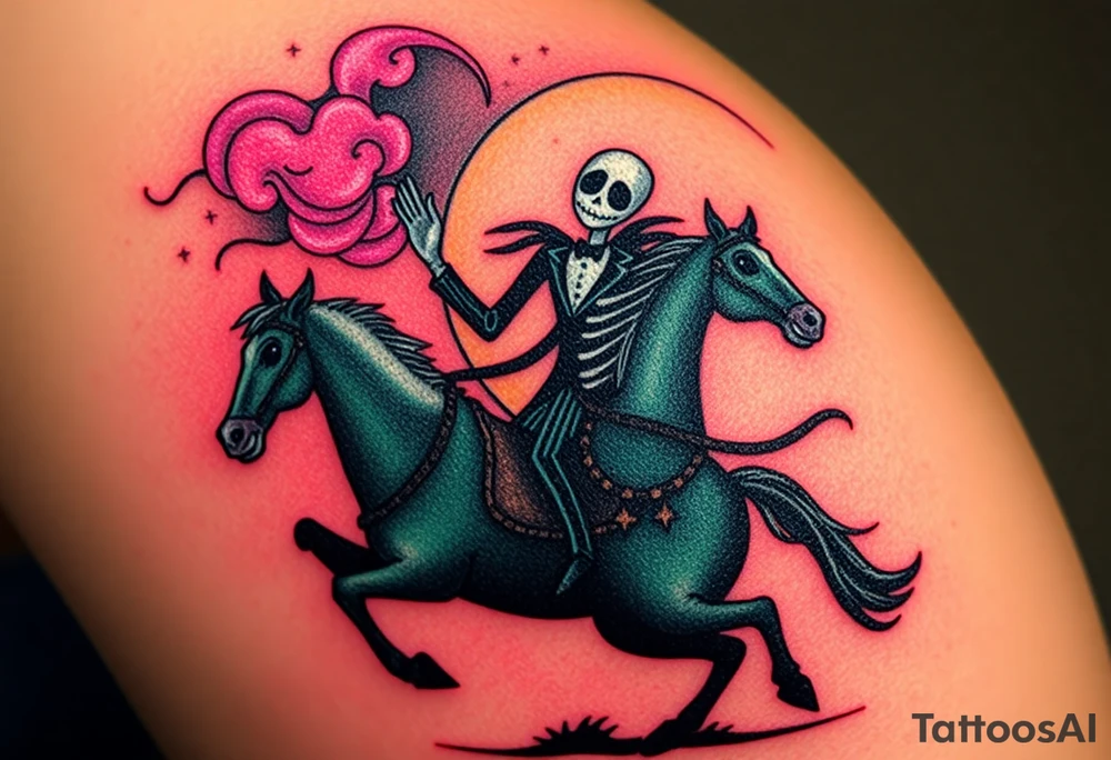 Tim Burton’s headless horseman is riding in the night he holds his head in hand as his horse bucks upwards and dripping with muted reds, dusty pinks, and eerie green glow.purple and cyan smokey clouds swirl in the crescent moonlit sky thats sprinkled with stars tattoo idea tattoo idea