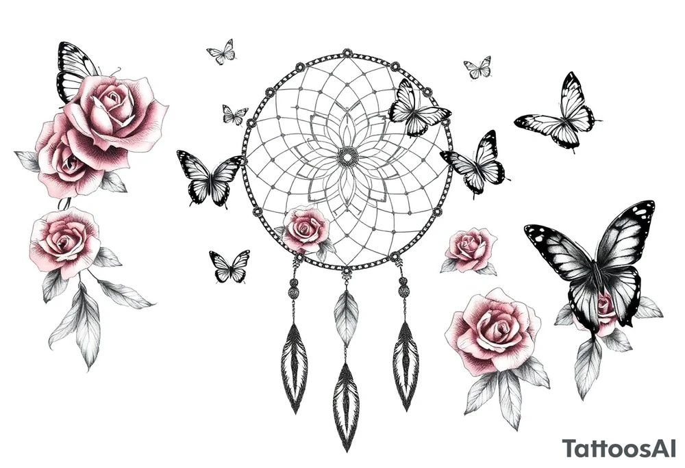Dreamcatcher roses and butterflies tattoo idea