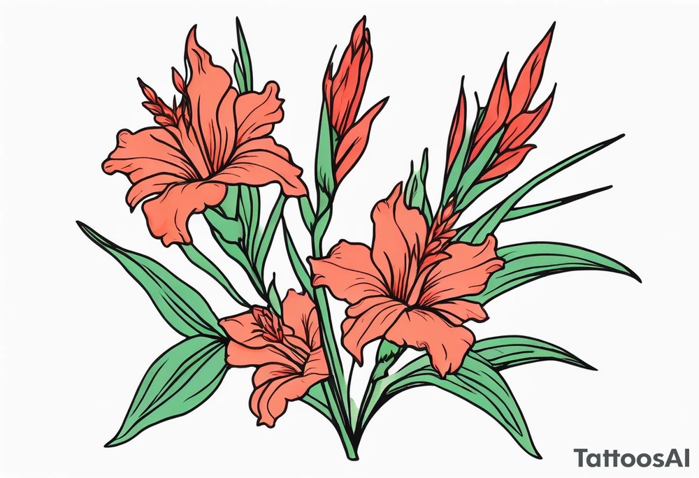 a thin narrow gladiolus with green leaves and coral-colored flowers with red centers tattoo idea