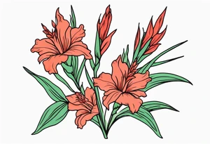 a thin narrow gladiolus with green leaves and coral-colored flowers with red centers tattoo idea