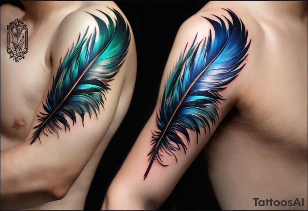 The tattoo begins on the left arm, at the elbow, where feathers are flying under the action of the wind towards the left hand. These feathers share the air space with branches that have leaves, and both elements move together up the left arm. As they approach the shoulder, some lightning appears between them. At this point, the feathers start to converge toward the left chest, where a vortex of energy reveals the head of an owl. The branches converge toward the left side of the back, passing over the shoulder. On the left side of the back, there is a dense, psychedelic element representing the energy of life's creation, with references to the earth, element, and planet. There is also a clay house in this area. tattoo idea