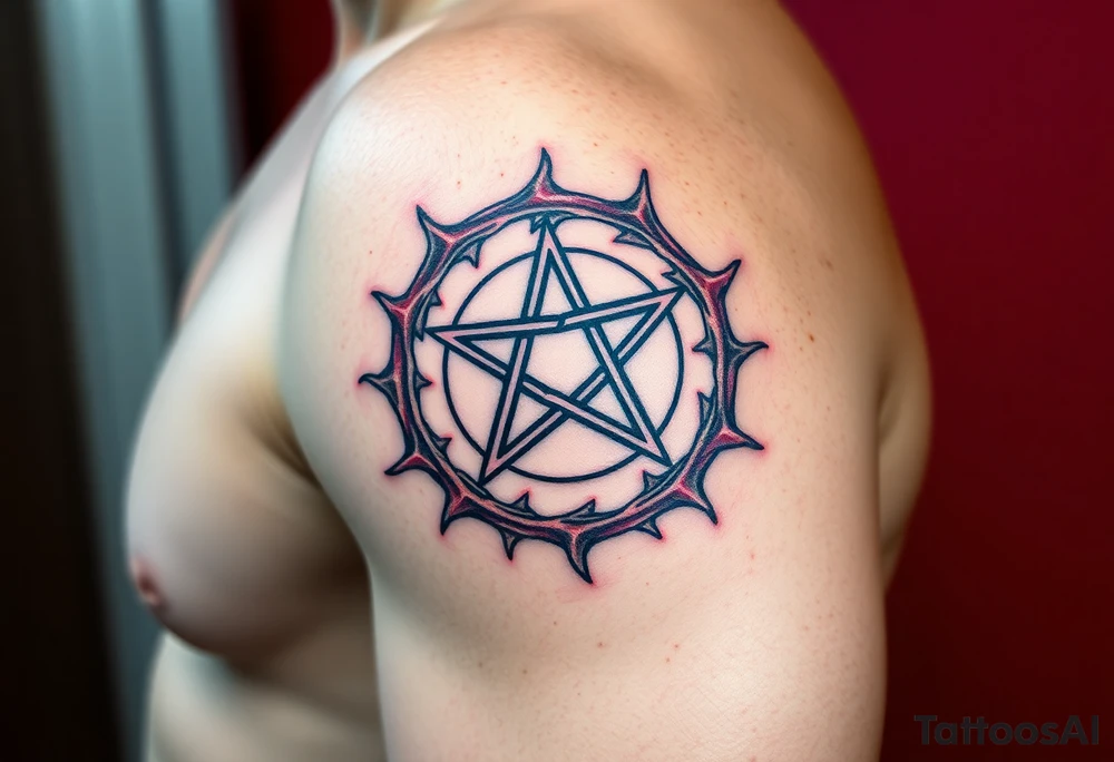 A pentagram surrounded by thorns, with deep reds and blacks, representing occult power and mystery tattoo idea