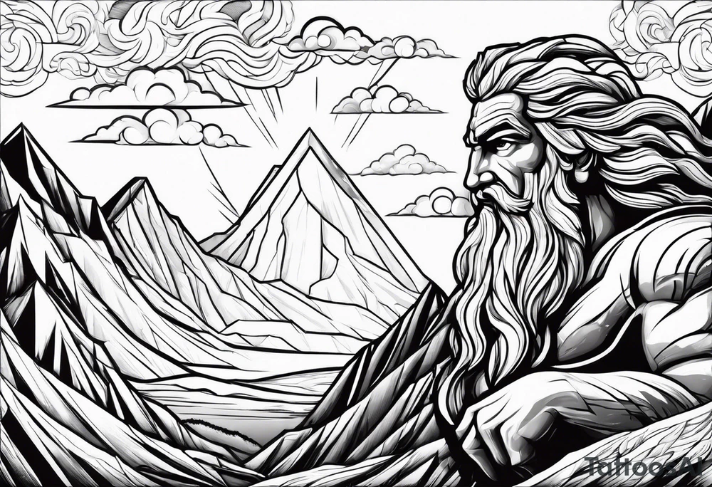 Zeus behind a Mountain View with lightning behind him and him being aggressive tattoo idea
