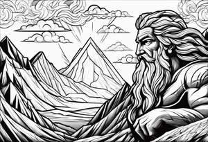 Zeus behind a Mountain View with lightning behind him and him being aggressive tattoo idea