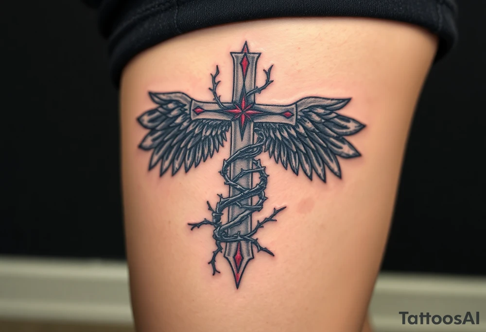 A cross wrapped in thorny vines, with dark angel wings in deep gray and blood-red accents tattoo idea