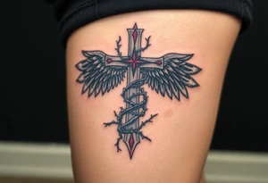 A cross wrapped in thorny vines, with dark angel wings in deep gray and blood-red accents tattoo idea