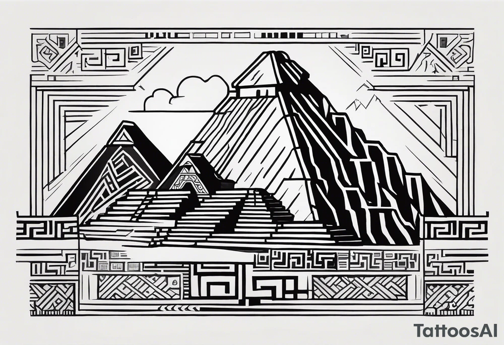 Create a tattoo design in a linear geometric art style depicting images associated with Peru, such as Machu Picchu, llamas or traditional textile patterns. The tattoo should be done in a monochromatic black and white color scheme with clear outlines and minimal details to create an elegant and modern composition. tattoo idea