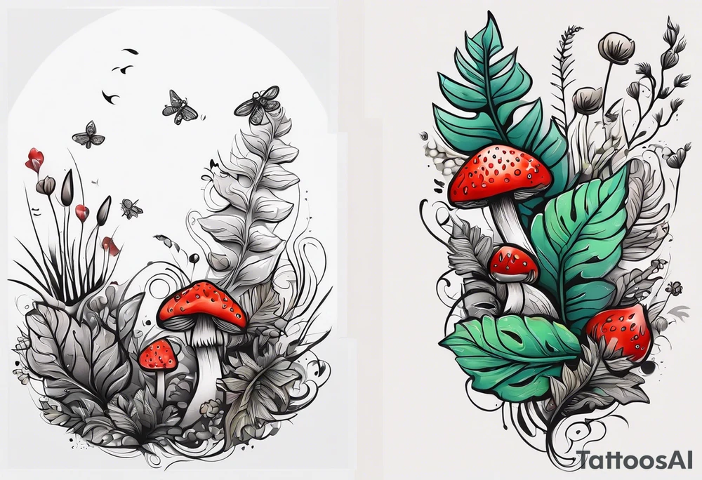 forest floor inspired tattoo, which includes grass, curly ferns and dead leaves as the bulk of the tattoo. details to include: three  tiny strawberries, couple of very small mushrooms, a tiny bumblebee flying nearby tattoo idea