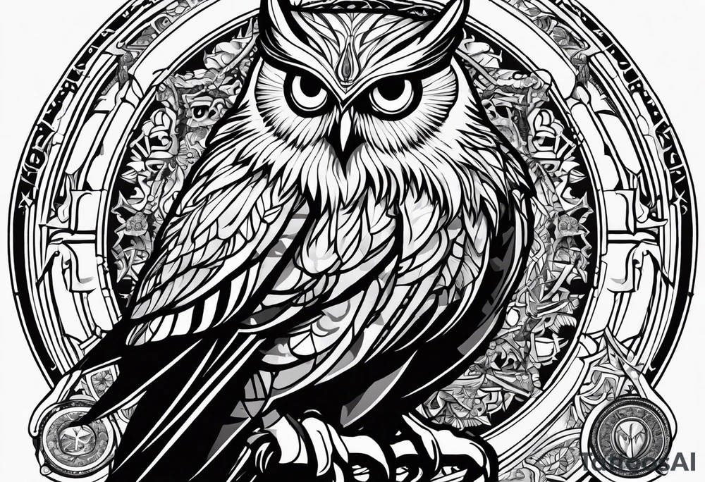 the demonic prince stolas of the ars goethia, who looks like an owl and is obssesed whit astronomy, magic, astrology and gems, with his sigil of invocation containing the word "STOLAS" on the background tattoo idea