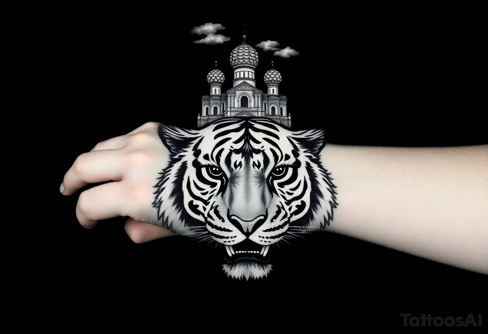 Realistic tiger face on the back of the hand with its eyes ALL black and no pupils, sitting beneath a Russian Orthodox cathedral sitting above on the top fore arm with onion domes and orthodox crosses. with clouds above and a virgin mary tattoo idea