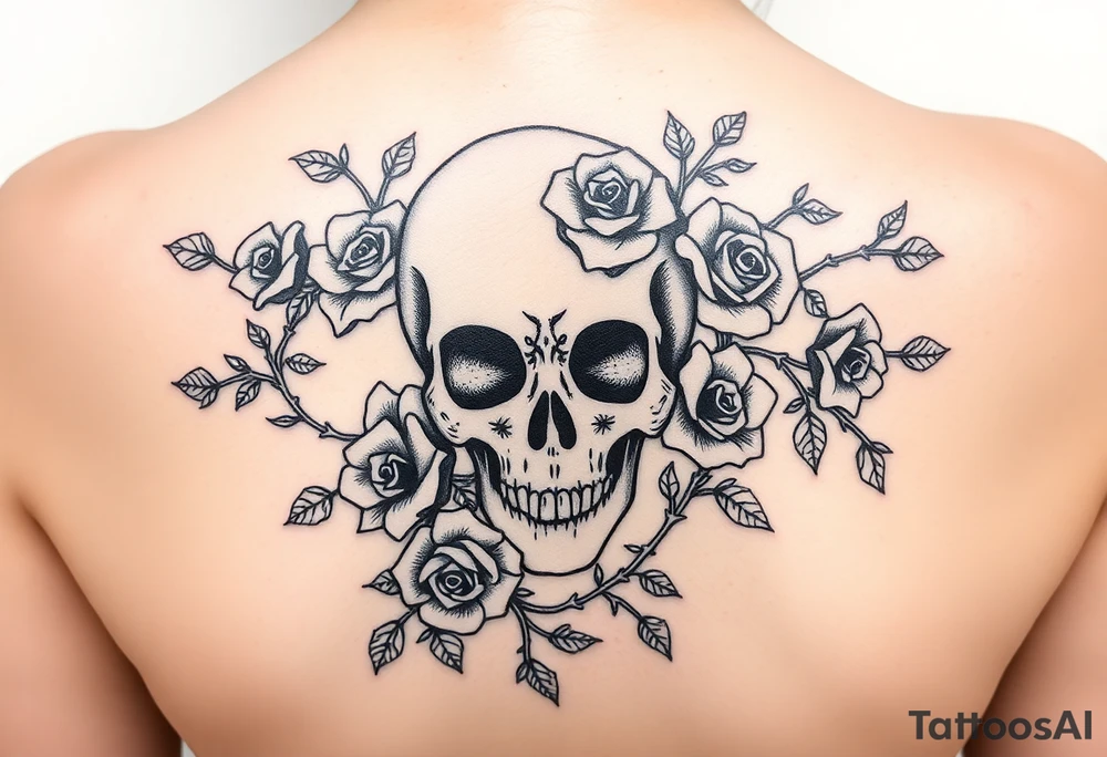 gothic skull intertwined with climbing roses and thorny vines tattoo idea