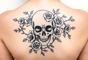 gothic skull intertwined with climbing roses and thorny vines tattoo idea