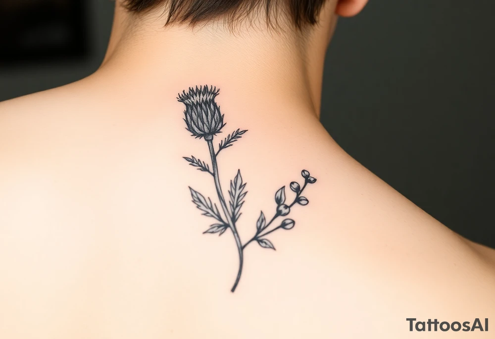 small botanical drawing of scottish thistle, olive branch/olive, and cat nip for a wrap around wrist tattoo as one plant tattoo idea