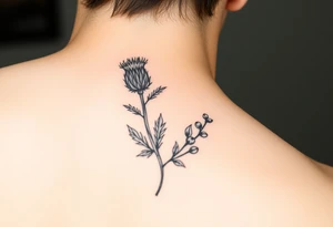small botanical drawing of scottish thistle, olive branch/olive, and cat nip for a wrap around wrist tattoo as one plant tattoo idea