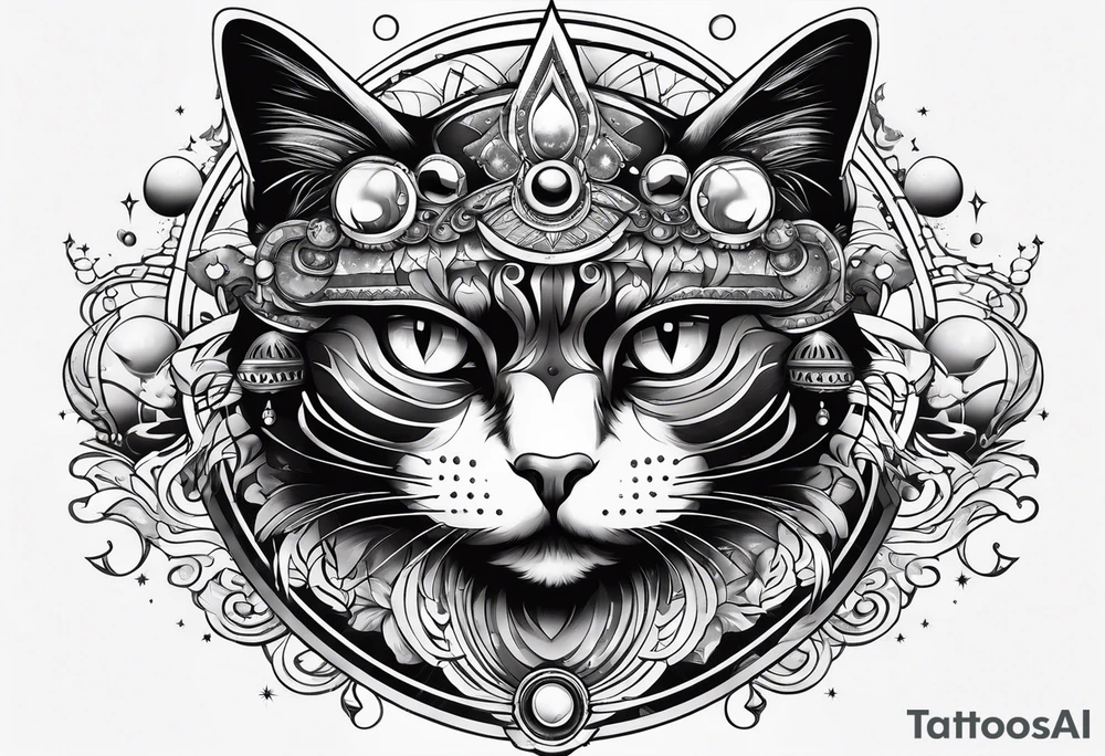 cat with an angry face surrounded by  planets tattoo idea