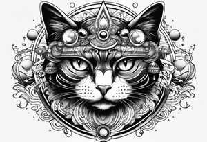 cat with an angry face surrounded by  planets tattoo idea