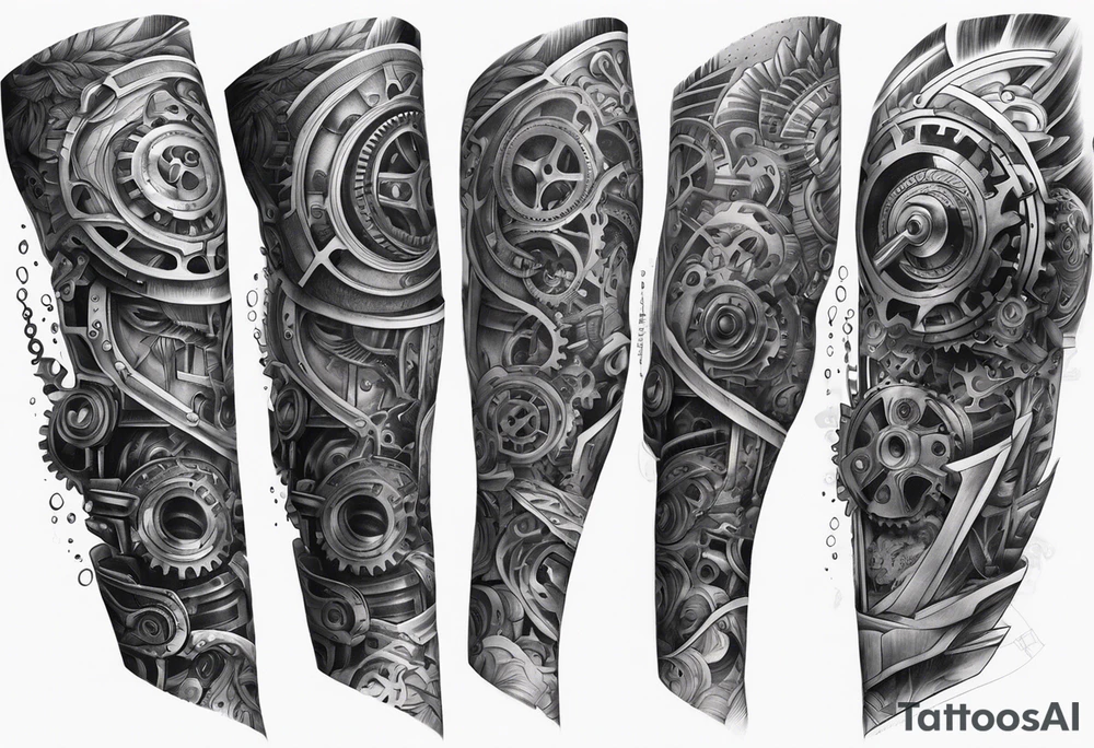 a biomechanical armsleeve with gears and pistons and springs tattoo idea