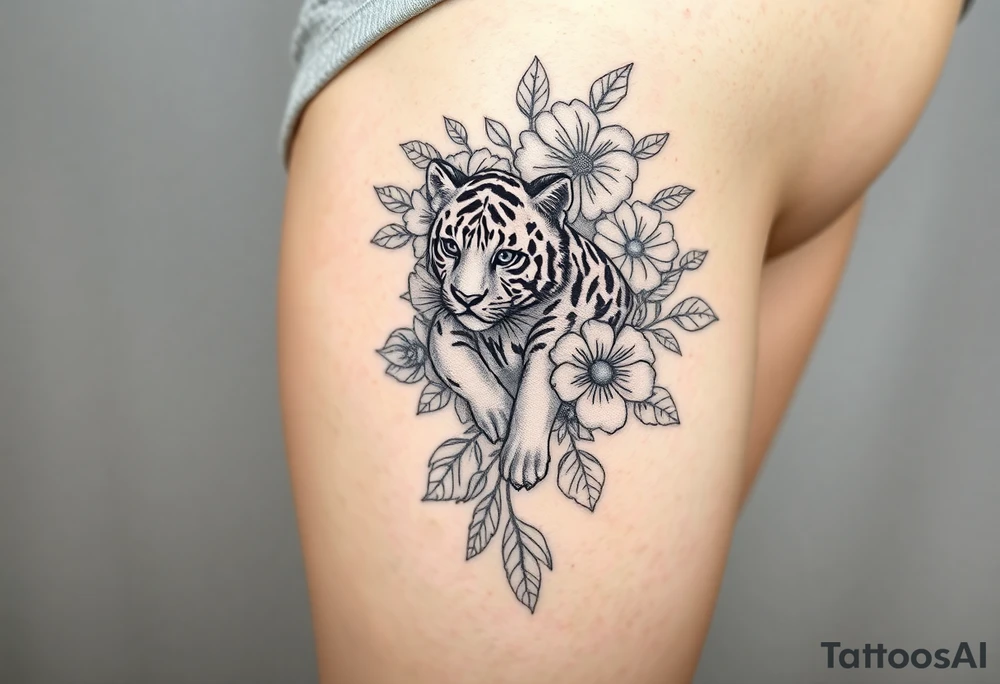 Floral tattoo with baby tiger in the flowers 🌺 tattoo idea
