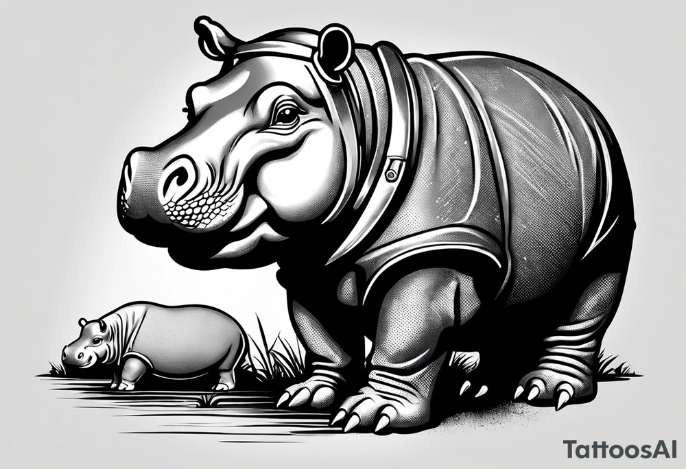Baby hippo wearing overalls and holding a pistol tattoo idea