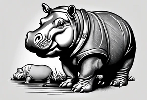 Baby hippo wearing overalls and holding a pistol tattoo idea
