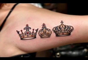 Baroque-style crowns designs with gold and ruby detailing. tattoo idea