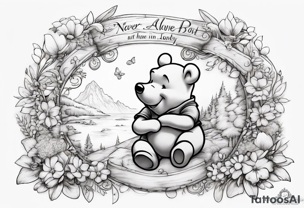 Winnie the Pooh with the words “ never alone always lonely, Always have faith but not in god” tattoo idea