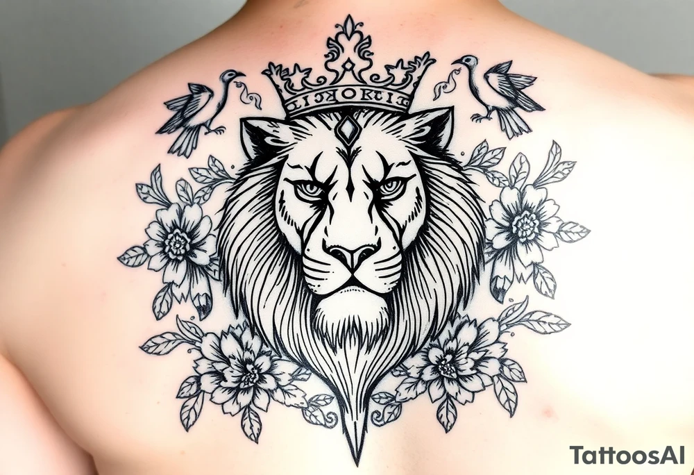powerful majestic lion with a crown, surrounded by floral ornaments and birds tattoo idea