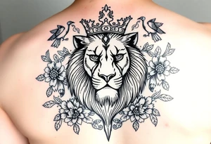 powerful majestic lion with a crown, surrounded by floral ornaments and birds tattoo idea